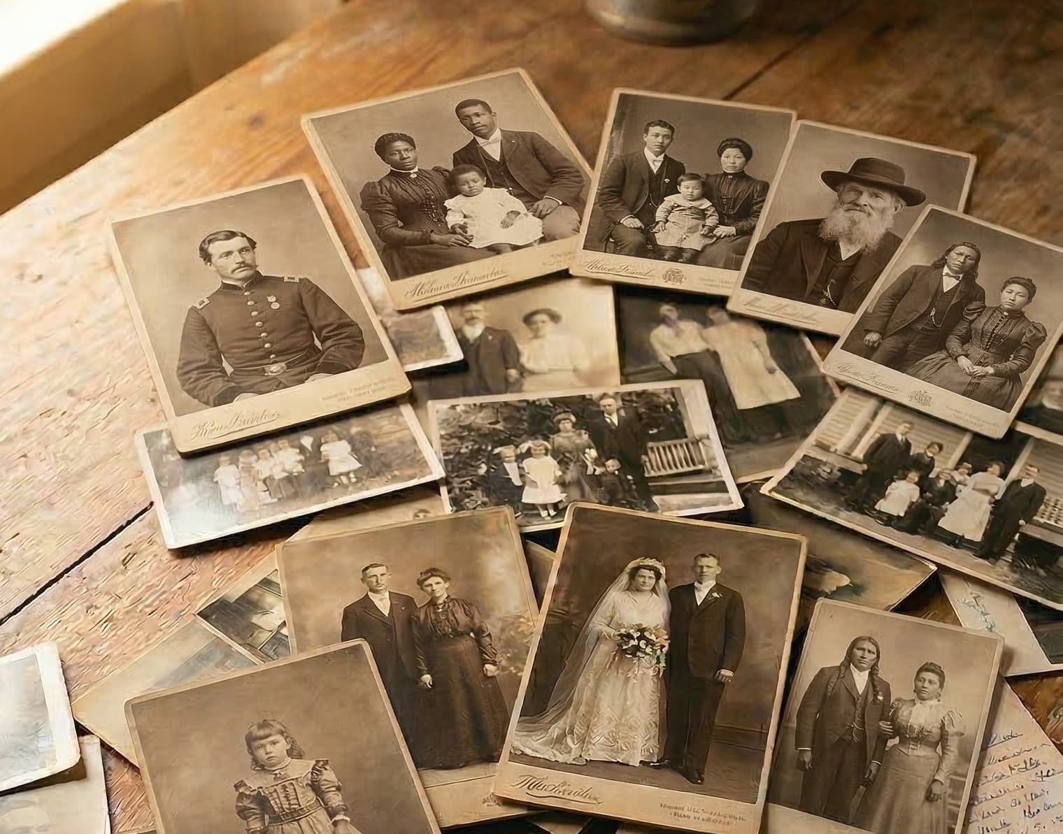 Old family photographs spread across a wooden table